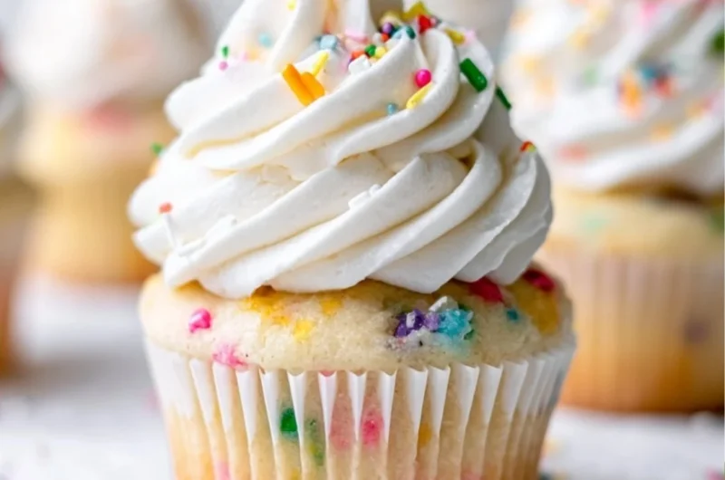 Delicious homemade vanilla cupcakes on a decorative plate
