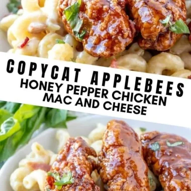 Creamy Honey Pepper Chicken Mac and Cheese dish garnished with herbs