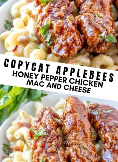 Creamy Honey Pepper Chicken Mac and Cheese dish garnished with herbs