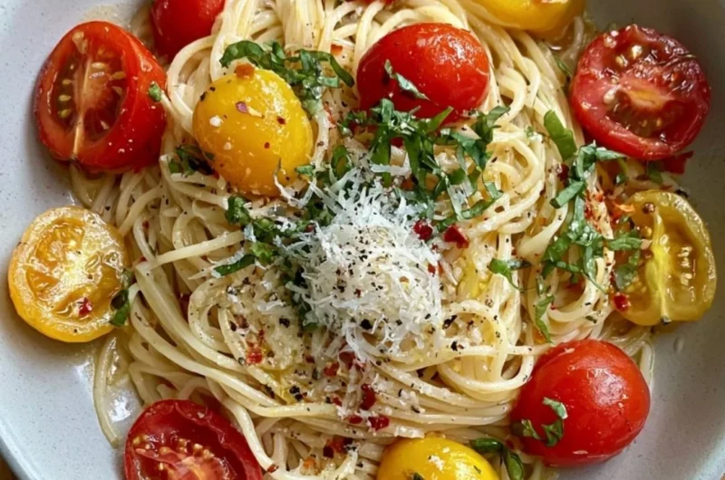 Ina Garten's delicious summer garden pasta served with fresh vegetables.