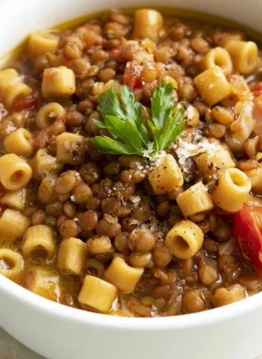 Delicious Italian pasta dish with lentils garnished with herbs and spices