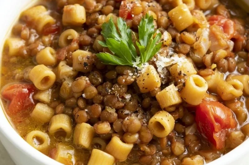 Delicious Italian pasta dish with lentils garnished with herbs and spices