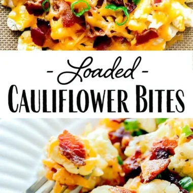 Delicious loaded cauliflower bites ready to serve, topped with cheese and herbs.
