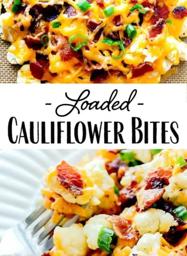 Delicious loaded cauliflower bites ready to serve, topped with cheese and herbs.