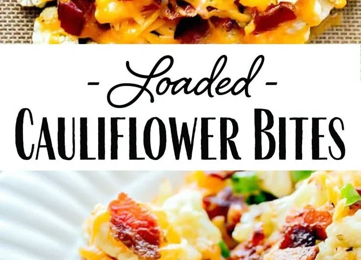 Delicious loaded cauliflower bites ready to serve, topped with cheese and herbs.