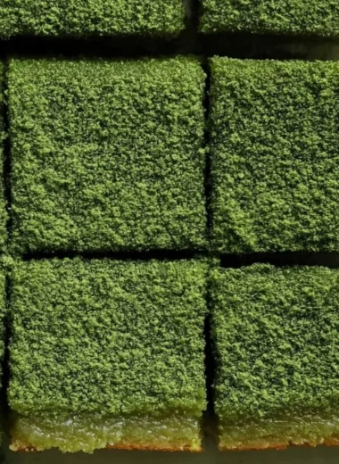 Delicious matcha mochi brownies topped with green tea sprinkles