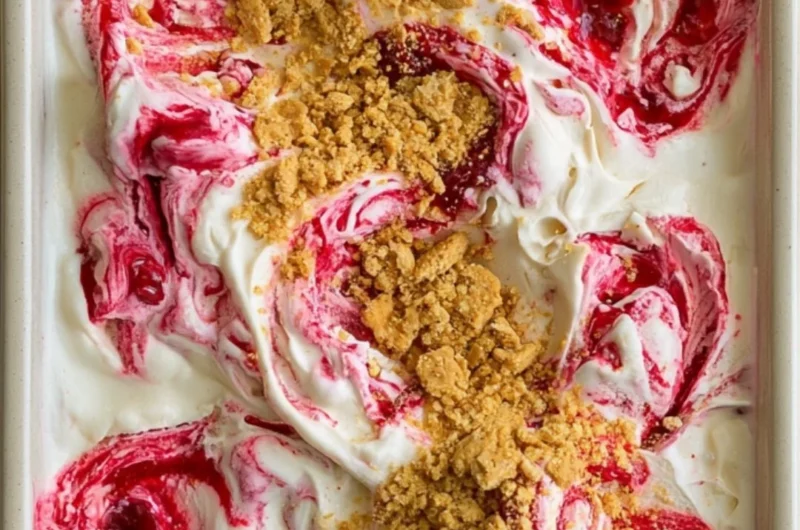 No churn cherry cheesecake ice cream served in a bowl with cherries on top