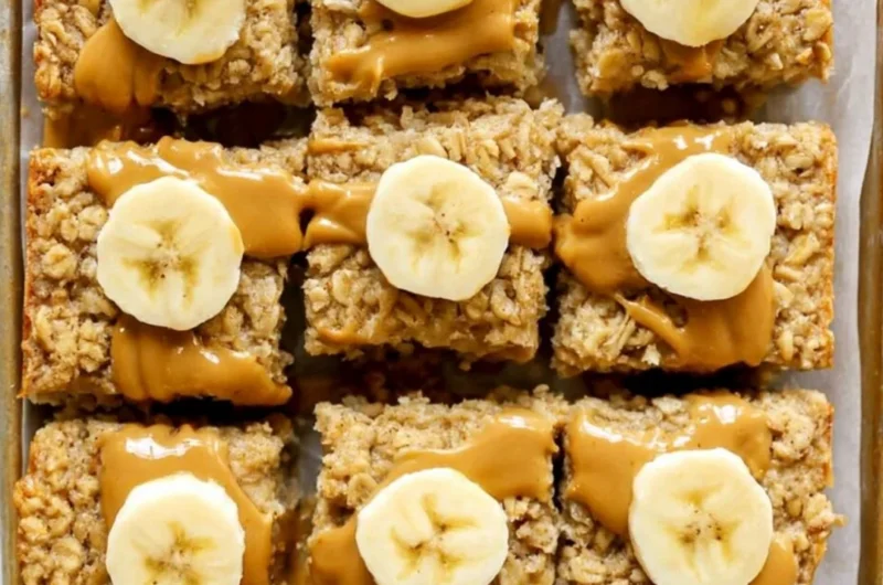 Peanut Butter Banana Baked Oatmeal in a serving dish, topped with banana slices and peanut butter.