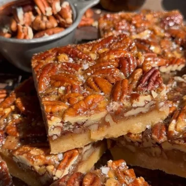 Delicious pecan pie bars topped with pecans and caramel sauce.