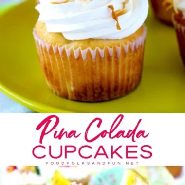 Delicious Pina Colada Cupcakes topped with creamy frosting and pineapple chunks.