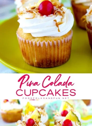 Delicious Pina Colada Cupcakes topped with creamy frosting and pineapple chunks.