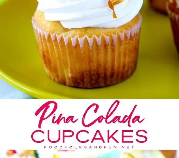 Delicious Pina Colada Cupcakes topped with creamy frosting and pineapple chunks.