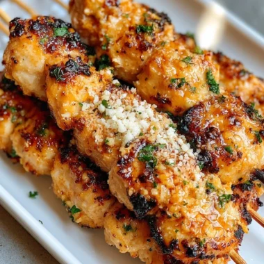 Ranch Garlic Parmesan Chicken Skewers ready for grilling with fresh herbs.
