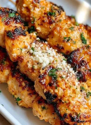 Ranch Garlic Parmesan Chicken Skewers ready for grilling with fresh herbs.