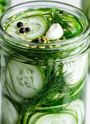 Homemade refrigerator dill pickles in a jar with fresh dill and garlic