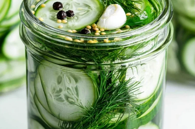 Homemade refrigerator dill pickles in a jar with fresh dill and garlic