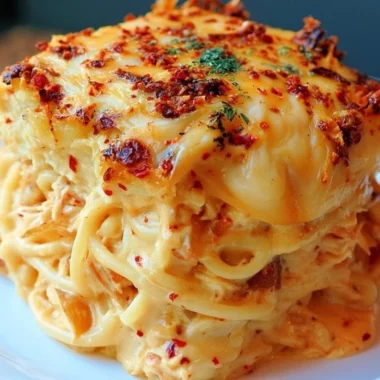 Delicious Spicy Southern Cheesy Chicken Spaghetti Casserole served on a plate