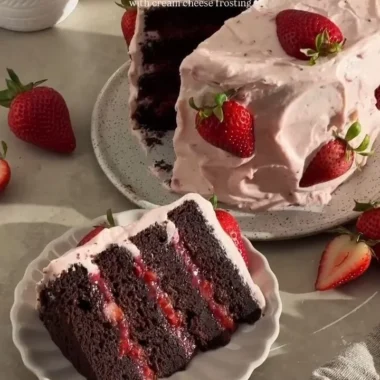 Delicious Strawberry Chocolate Cake topped with fresh strawberries and chocolate frosting.