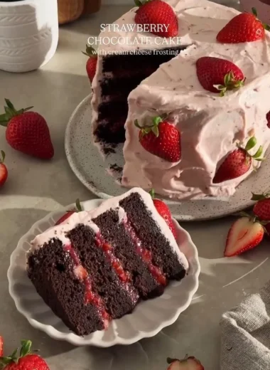 Delicious Strawberry Chocolate Cake topped with fresh strawberries and chocolate frosting.