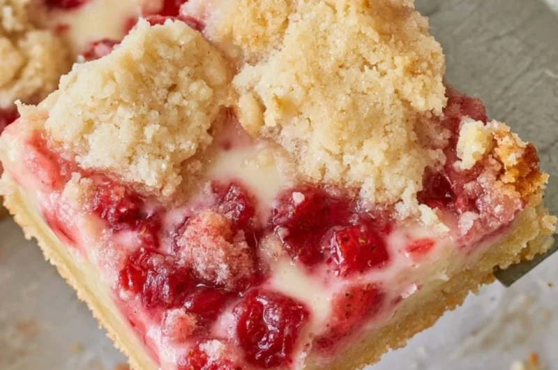 Delicious strawberry pie bars topped with fresh strawberries and cream
