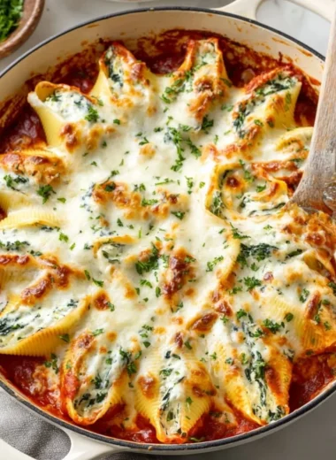 Delicious stuffed shells filled with cheese and topped with marinara sauce