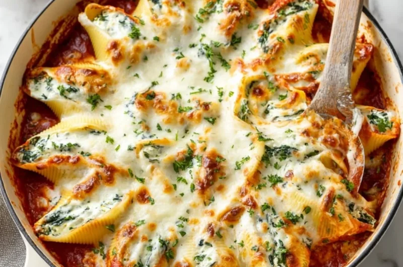 Delicious stuffed shells filled with cheese and topped with marinara sauce