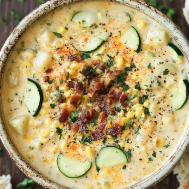 Bowl of Summer Corn and Zucchini Chowder topped with fresh herbs