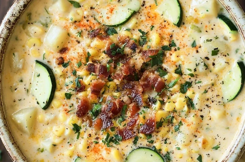 Bowl of Summer Corn and Zucchini Chowder topped with fresh herbs