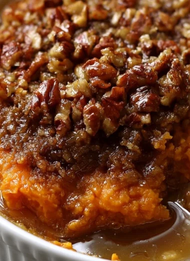 Delicious sweet potato casserole topped with marshmallows and pecans