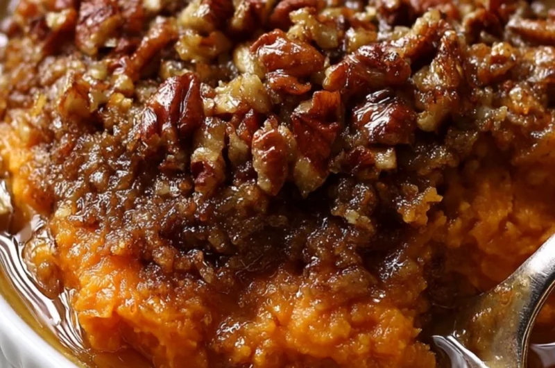 Delicious sweet potato casserole topped with marshmallows and pecans