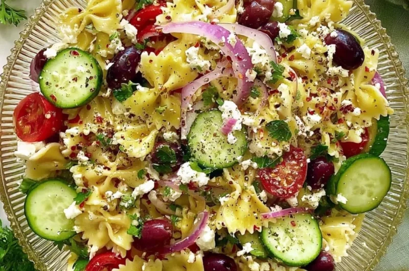 Delicious Tangy Mediterranean Pasta Salad with fresh vegetables and herbs