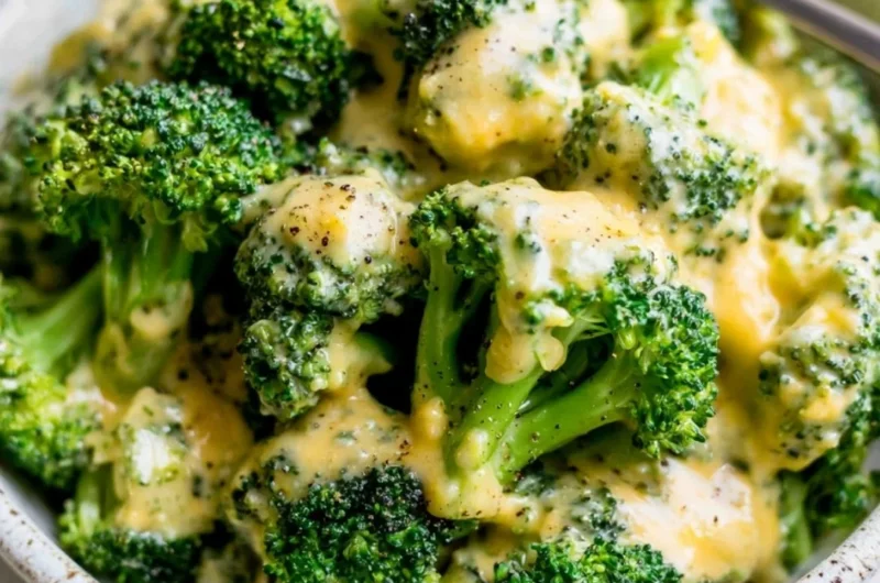 Delicious cheesy broccoli dish garnished and ready to serve