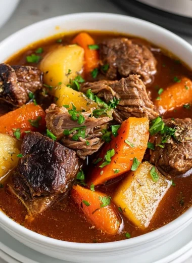 Delicious Instant Pot beef stew served in a bowl with fresh herbs on top.