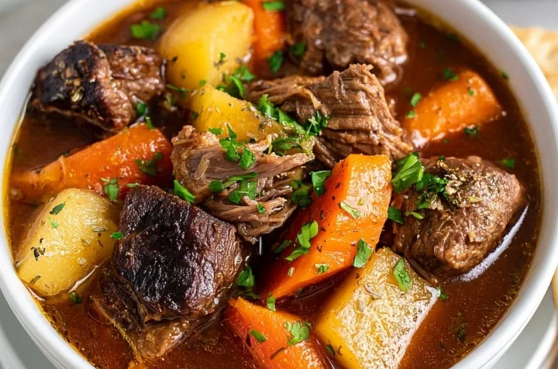 Delicious Instant Pot beef stew served in a bowl with fresh herbs on top.
