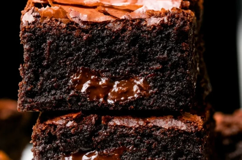 Delicious fudgy brownies stacked on a wooden table, topped with chocolate drizzle.