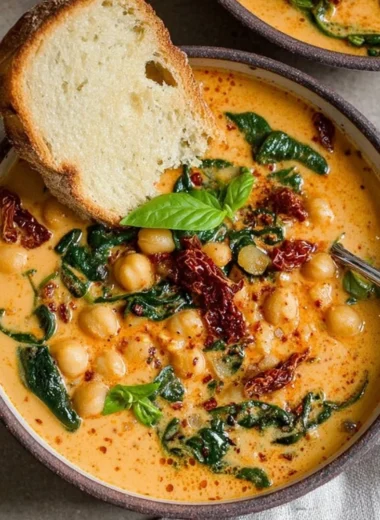 Bowl of Tuscan Garbanzo Bean Soup with fresh herbs and vegetables