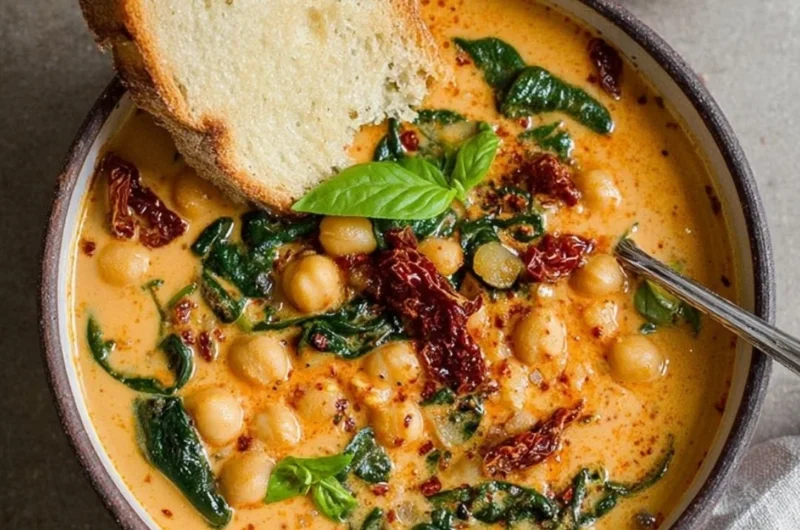 Bowl of Tuscan Garbanzo Bean Soup with fresh herbs and vegetables
