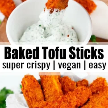 Vegan baked tofu sticks served on a plate, crispy and nutritious snack.