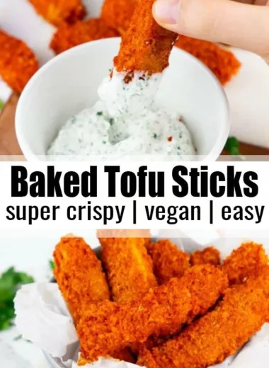 Vegan baked tofu sticks served on a plate, crispy and nutritious snack.