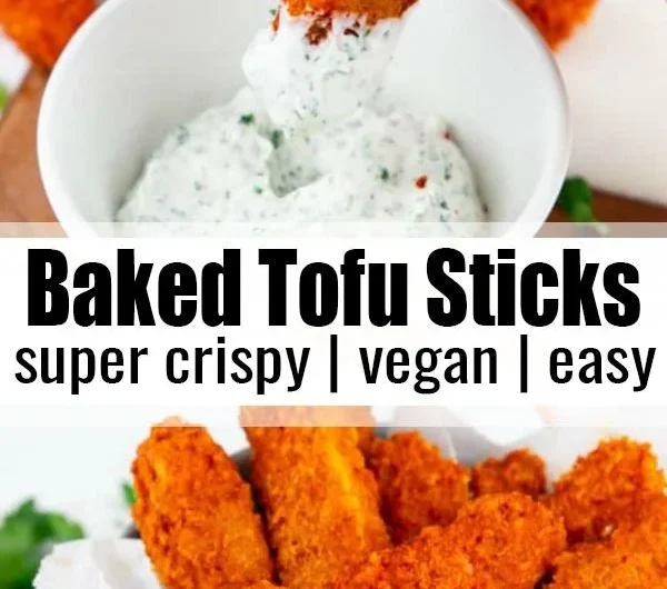 Vegan baked tofu sticks served on a plate, crispy and nutritious snack.