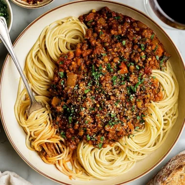 Bowl of vegan lentil bolognese served with pasta and fresh herbs