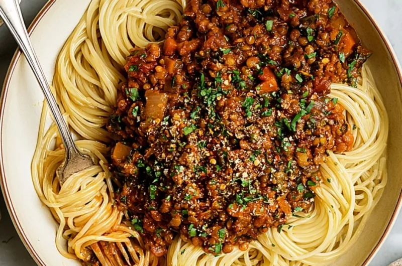 Bowl of vegan lentil bolognese served with pasta and fresh herbs
