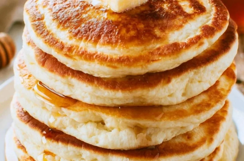 Stack of fluffy pancakes drizzled with syrup and topped with fresh berries