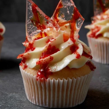 Bloody Halloween Cupcakes decorated with red icing and spooky designs