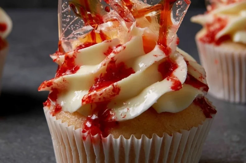 Bloody Halloween Cupcakes decorated with red icing and spooky designs