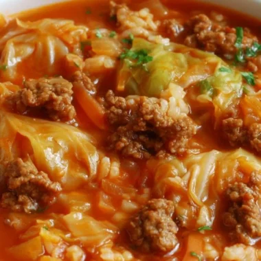 Bowl of homemade cabbage roll soup topped with herbs and served with crusty bread