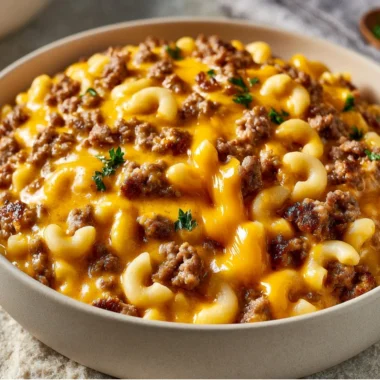 Cheesy Hamburger Helper dish served in a bowl with garnish