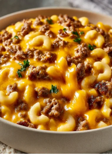 Cheesy Hamburger Helper dish served in a bowl with garnish