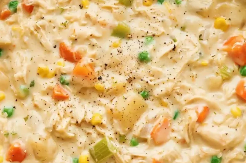 Delicious Chicken Pot Pie Soup served in a bowl with fresh herbs