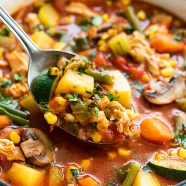 Bowl of homemade Chicken Vegetable Soup with fresh vegetables and herbs